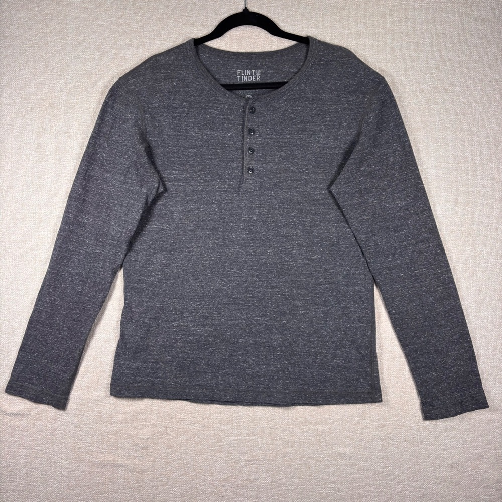Flint and Tinder Mens Henley Shirt Medium Gray Long Sleeve Cotton Made in USA